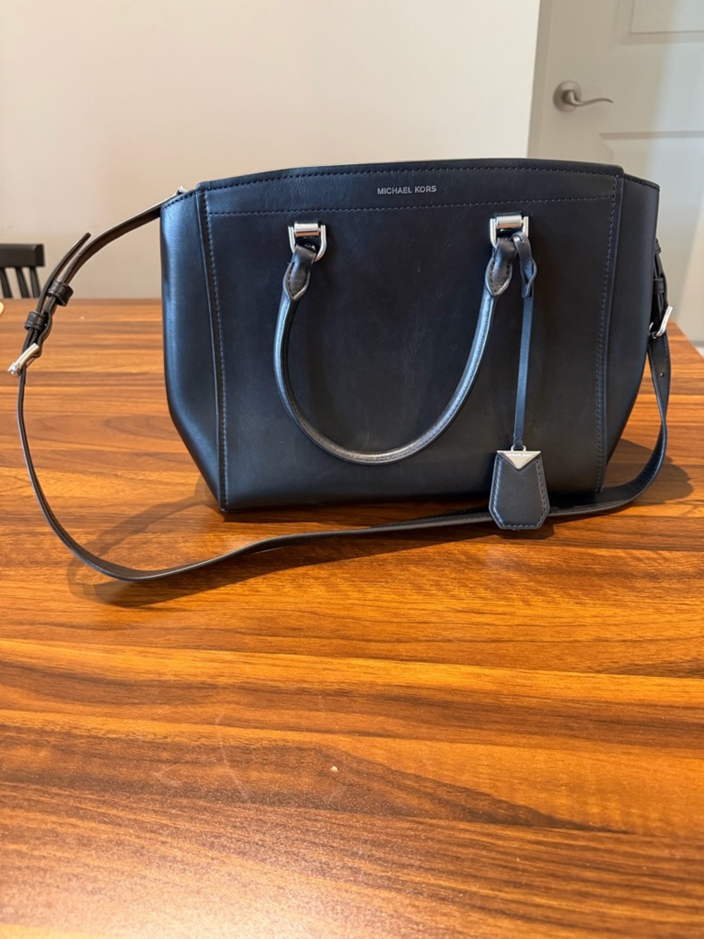 Michael Kors Navy Black Leather Satchel with Crossbody Strap